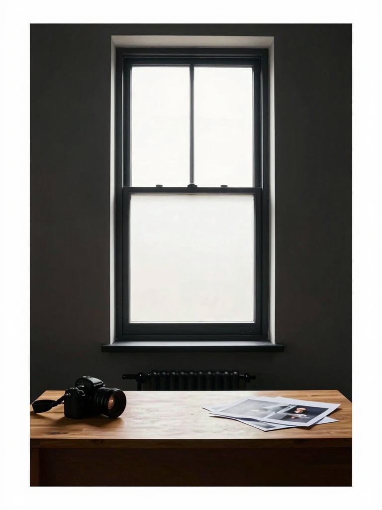 Tall portrait framing of a north-facing studio window, diffused daylight falling across a clean wooden desk surface with a camera and a few printed sheets, deep charcoal wall behind, shot from the left side of the room, generous negative space above
