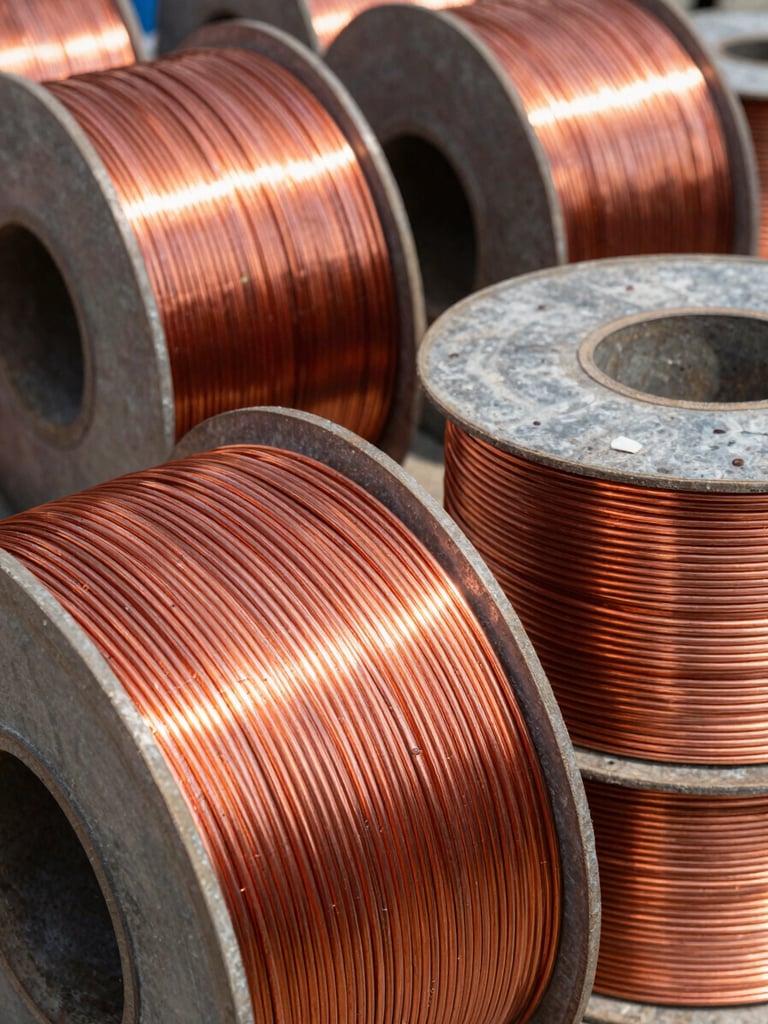 Close-up of clean sorted copper wire rolls in a bright recycling yard, natural outdoor daylight, sharp focus