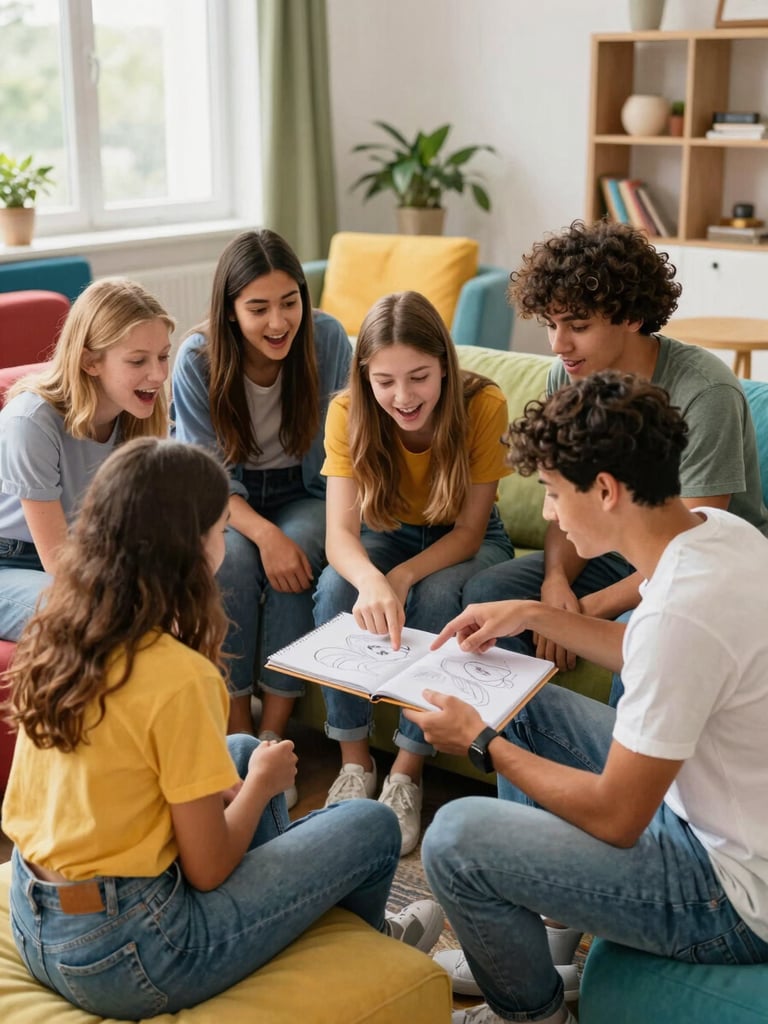 Group of teenagers sitting on colorful couches in a vibrant common room, talking excitedly and pointing at a sketchbook, bright natural light.