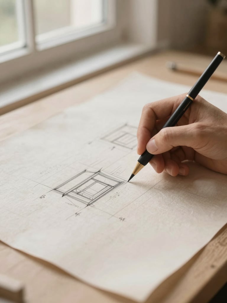 Hands sketching structural plans on heavy textured linen paper, soft natural window light, warm beige tones, shallow depth of field