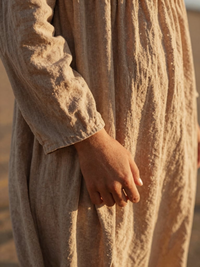 Close-up of hands holding, showing textured linen sleeve and a flowy cotton dress blowing slightly in the wind, warm sun-drenched lighting