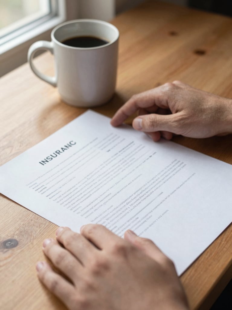 Close-up of two hands resting on an open insurance contract document on a wooden desk, a ceramic coffee mug beside it, warm natural window light from the left, shallow depth of field on the printed text