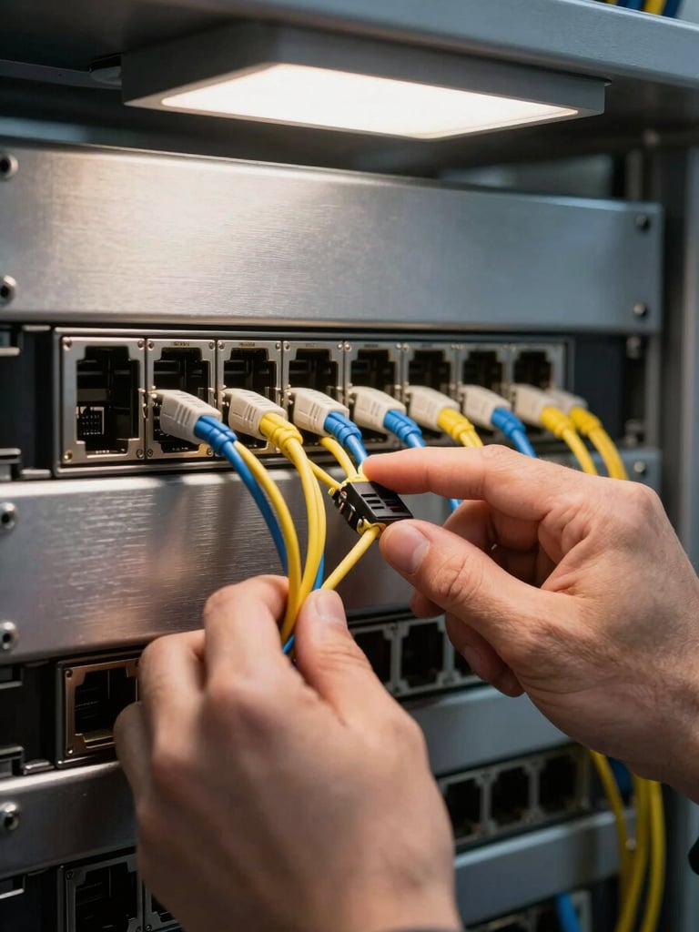 Close-up of two hands configuring rack-mounted network hardware, fingers tracing cable connections, tungsten task light overhead casting sharp shadows on brushed-steel panels, tight framing, no faces visible