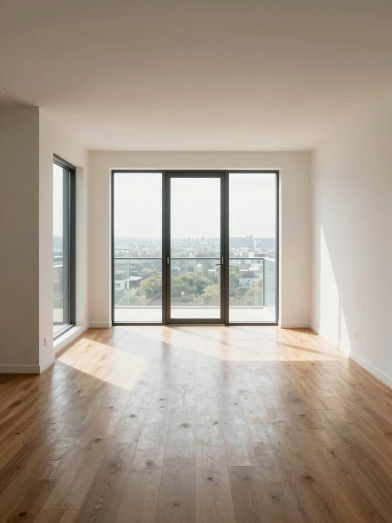 Wide interior shot of a modern apartment living room, straight-on from the entrance, north-facing daylight flooding through floor-to-ceiling windows, empty room with clean hardwood floors and white walls, no furniture staging, architectural framing emphasizing space and light