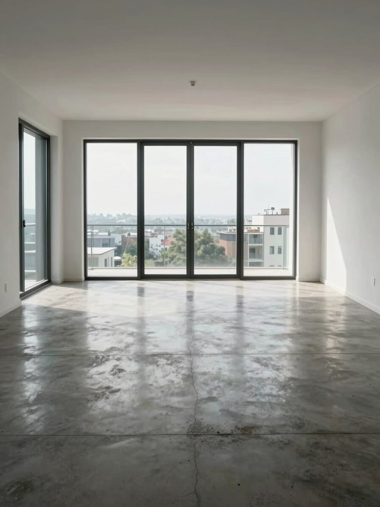 Wide interior shot of an empty modern apartment living room, straight-on framing, floor-to-ceiling windows letting in north-facing daylight, polished concrete floor, white walls, no furniture or decor