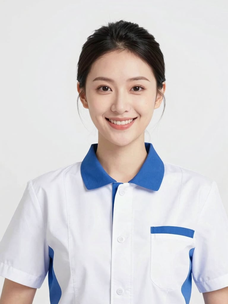 Close-up portrait of a professional staff member in a clean, modern dry cleaning uniform, smiling confidently, bright high-key commercial photography, clean white and blue tones, crisp studio light, sharp focus, 35mm lens