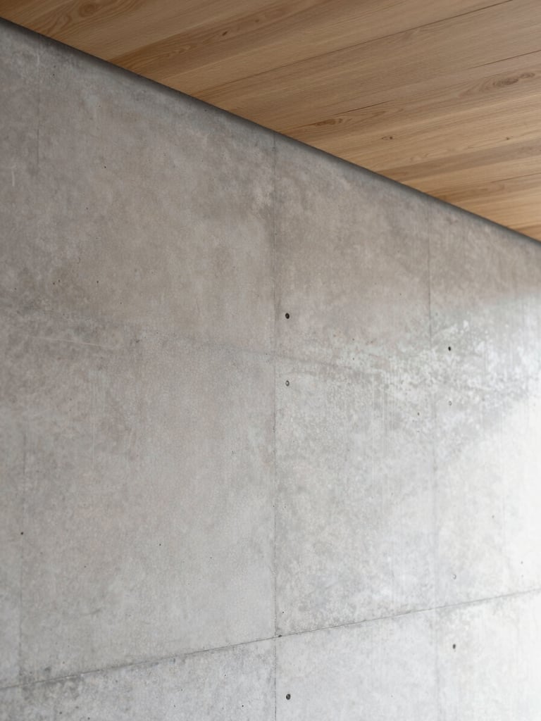 A close-up of a minimalist concrete wall meeting a clean oak ceiling, soft natural side lighting, elegant architectural detail