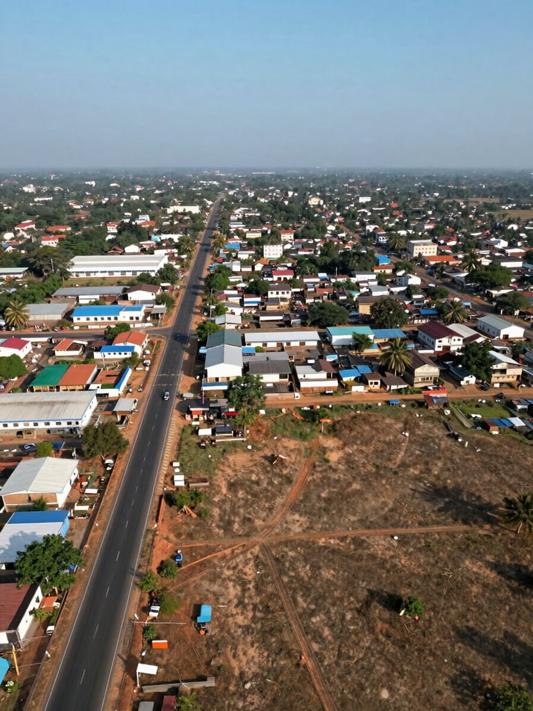 Wide drone aerial looking north-west over Sulur township at clear midday, blacktop road grid spreading across the frame to the left third, developed rooftops and industrial sheds visible mid-distance, open plot land in the foreground right, flat Tamil Nadu sky above