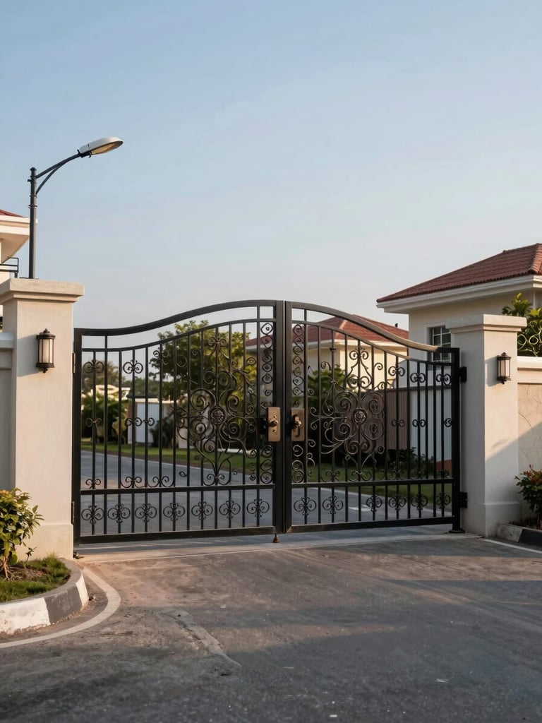 Close-up wide shot of a finished ornamental gated entrance to a residential plot development in Sulur — wrought-iron gate panels open, smooth concrete pillars, operational street light mounted on pillar, clear afternoon daylight, empty road surface in foreground, low horizon