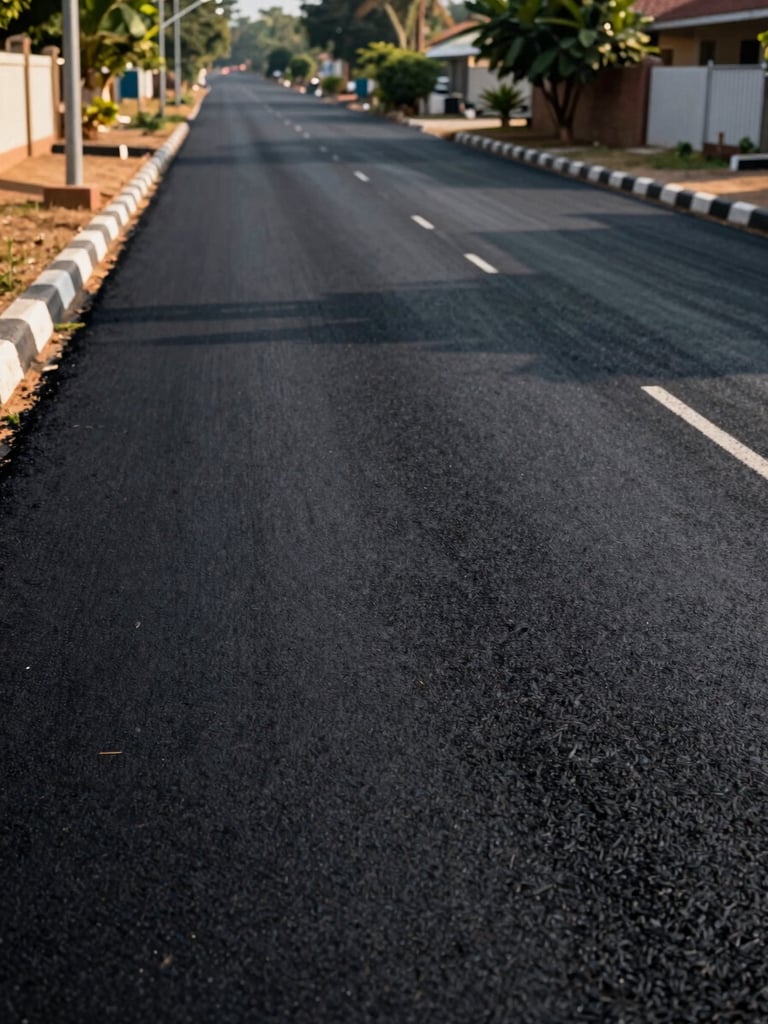 Close-up ground-level view of a freshly laid blacktop road inside a gated plot community in Sulur — road surface texture sharp and clear, a street light pole rising on the left edge, plot boundary stones visible along the roadside, late-afternoon daylight casting long shallow shadows, no people, no vehicles