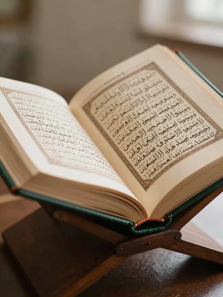 Close-up of an open classical leather-bound Islamic manuscript on a wooden book stand, soft warm light illuminating the elegant Arabic script, scholarly atmosphere