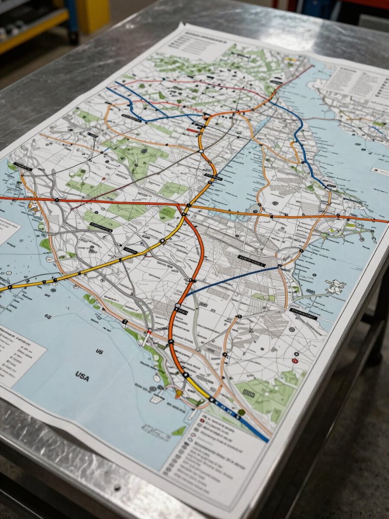 Overhead wide-angle photograph of a detailed paper route map spread flat on a steel warehouse table, specific highway corridors traced in pencil, border crossing markers visible at US-Canada and US-Mexico points, overcast studio lighting that reveals the map's texture and annotations, no people
