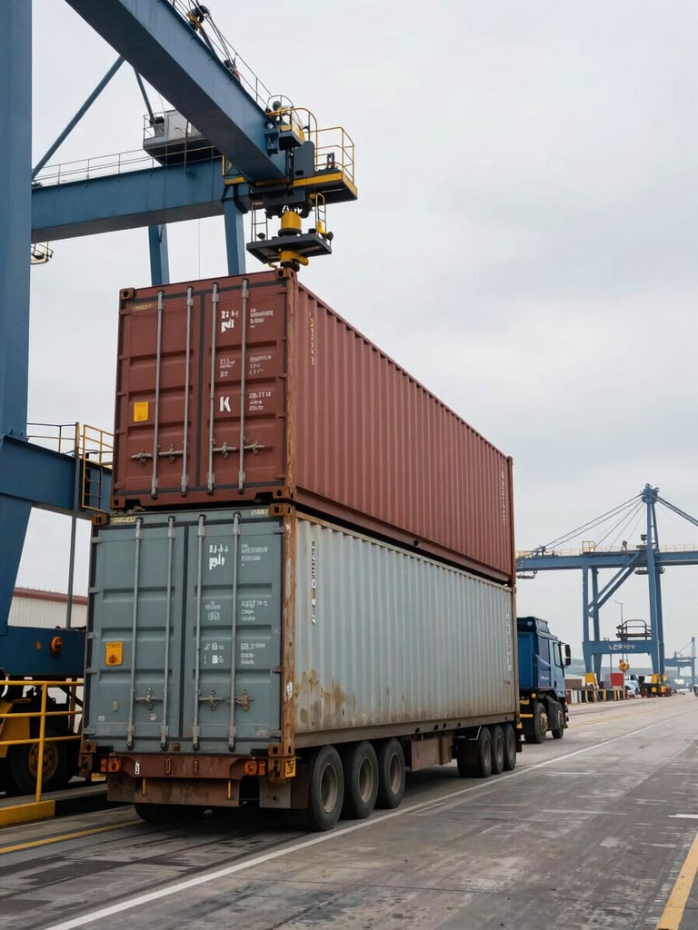 Wide environmental shot, overcast natural daylight, a fully loaded intermodal container being positioned at a port checkpoint gate, steel crane arm visible upper-left frame, container markings legible in the foreground, industrial quay infrastructure receding to the right horizon