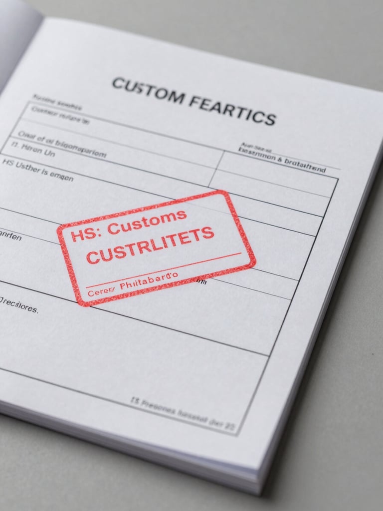 Close-up overhead studio shot of an official customs declaration document with a red ink entry stamp partially overlapping a HS tariff code field, secondary document edges visible beneath, clinical flat lighting emphasizing paper texture and seal legibility, neutral gray surface