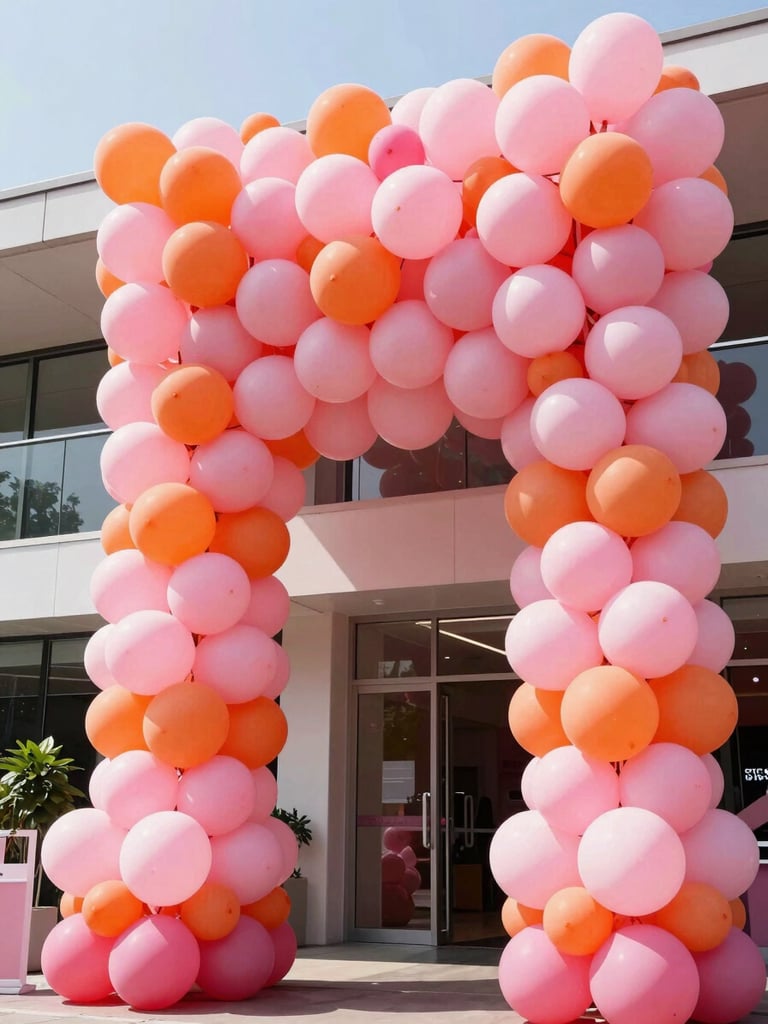 A massive organic balloon installation with electric pink and tangerine double-stuffed balloons framing a modern venue entrance, low-angle shot, bright daylight, vibrant editorial photography, 35mm