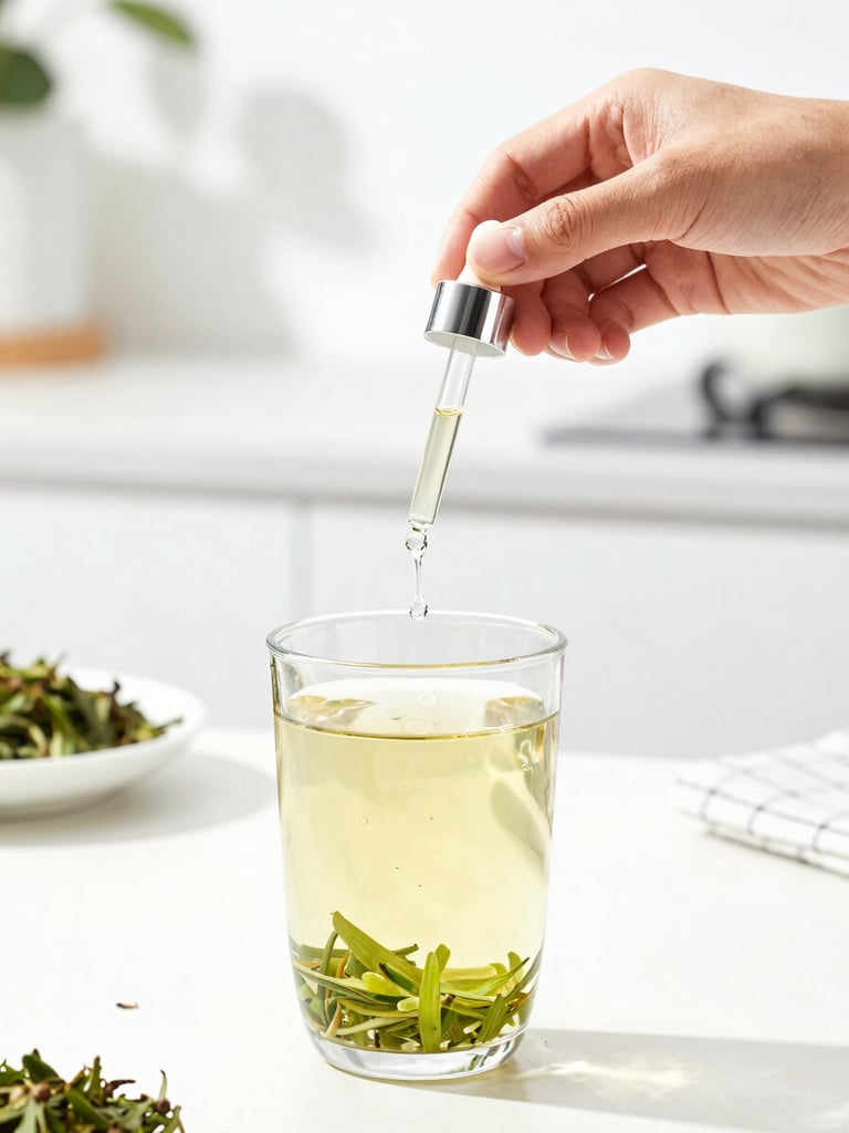 Bright high-key lifestyle photography of a person adding a drop of liquid stevia from a glass dropper into a clear glass of herbal tea, soft natural morning light, clean modern kitchen background, 35mm