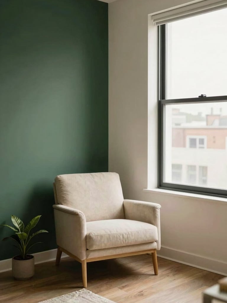 Subtle lifestyle shot of a modern, clean DC apartment living room with warm natural window light, showing a corner with a comfortable chair and a small plant, hinting at relaxation. Deep forest green and cream tones, 35mm.