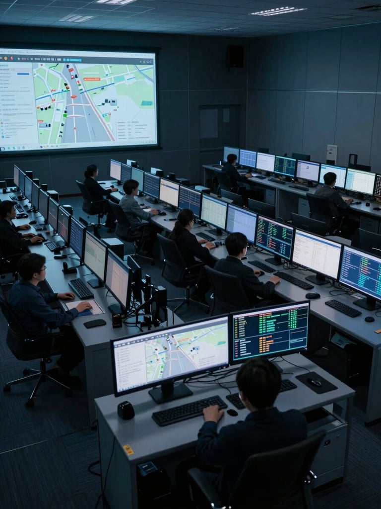 Wide overhead shot of a global network operations center, rows of monitors displaying payment flow dashboards and corridor maps, cool blue studio lighting, no people visible, architectural clarity