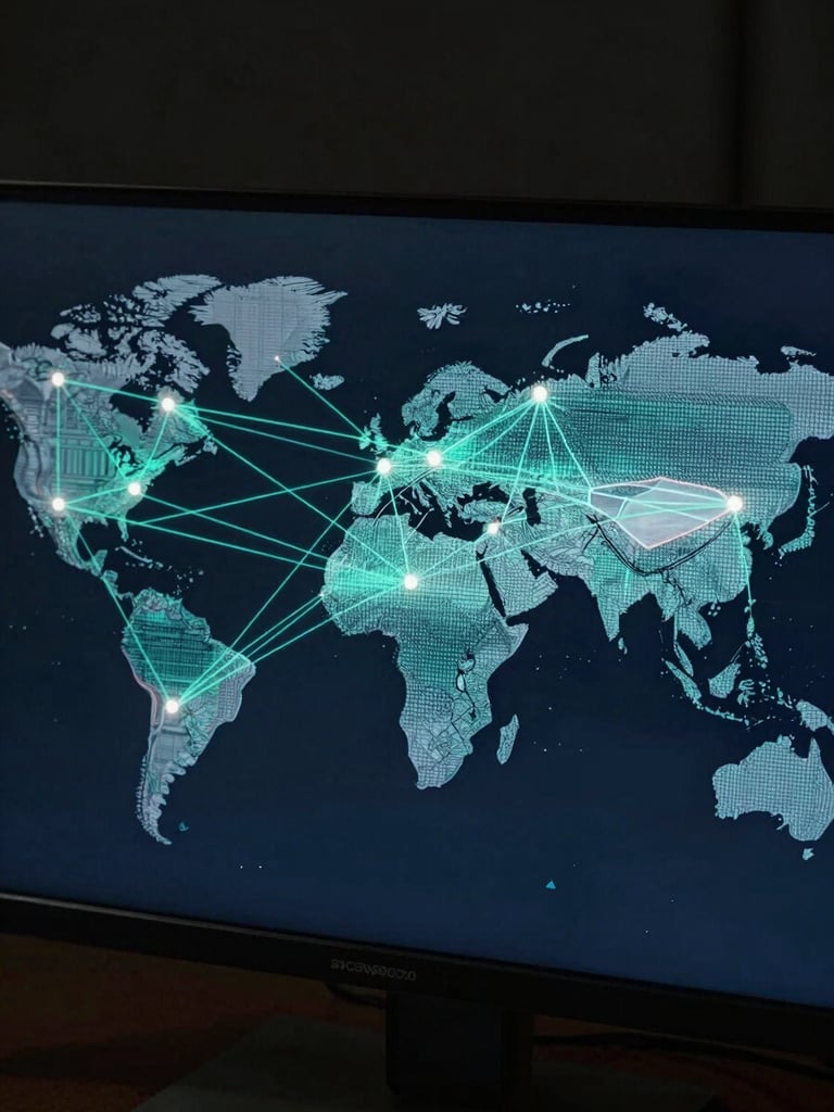 Wide overhead view of a global payment network diagram on a dark monitor, interconnected nodes and settlement corridors rendered as cool-teal lines across a world map, studio lighting, no faces