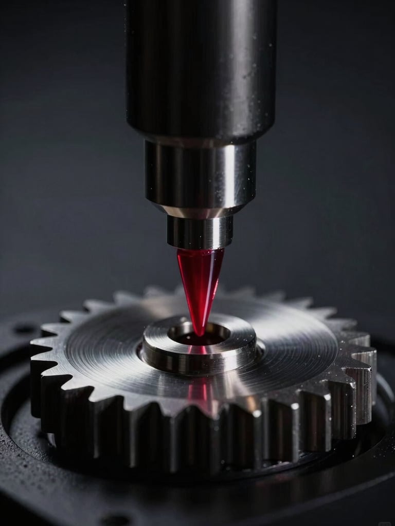 Dramatic close-up of a gleaming steel gear being measured by a ruby-tipped coordinate measuring machine probe, low-key lighting, sharp metallic rim-lights, dark charcoal background, macro lens, 85mm