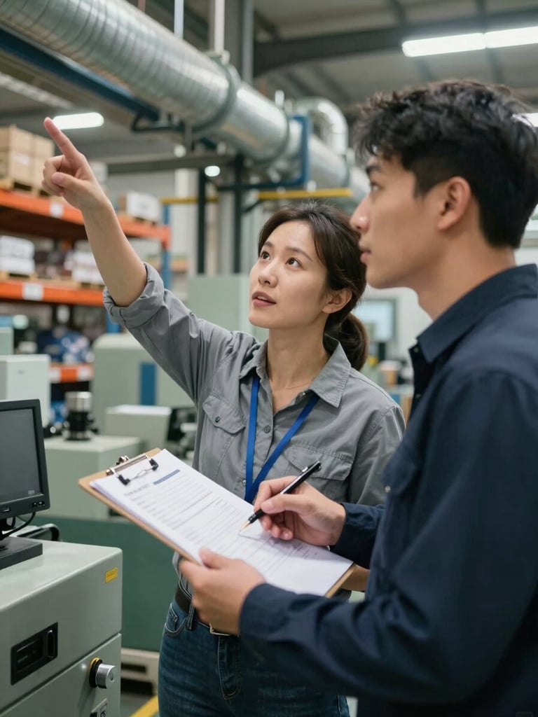 Close medium shot of two people reviewing a facility assessment clipboard inside an active factory, industrial shelving and machinery visible in background, practical tungsten lighting, one person pointing toward overhead utility conduits, no posed smiling
