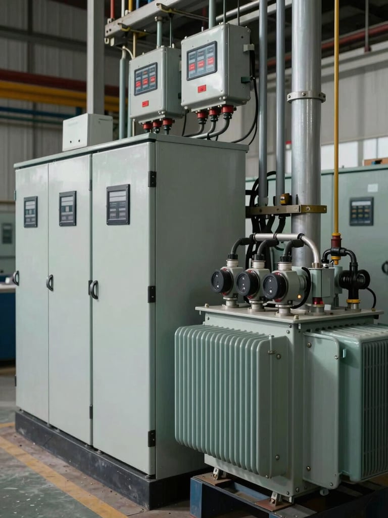 Detail shot of an industrial utility room showing power distribution panels, conduit runs, and transformer connections inside a Maharashtra factory, practical tungsten lighting, no people, emphasising infrastructure scale