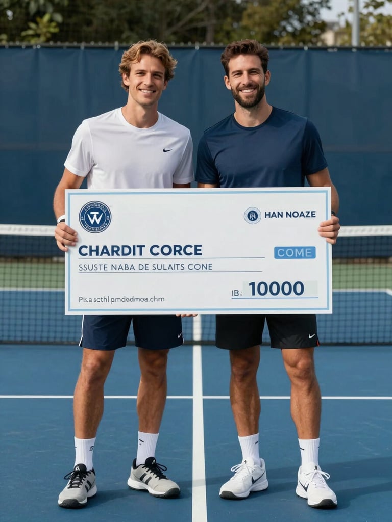 Two smiling founders in athletic gear holding an oversized charity check for ten thousand dollars on a blue outdoor pickleball court.