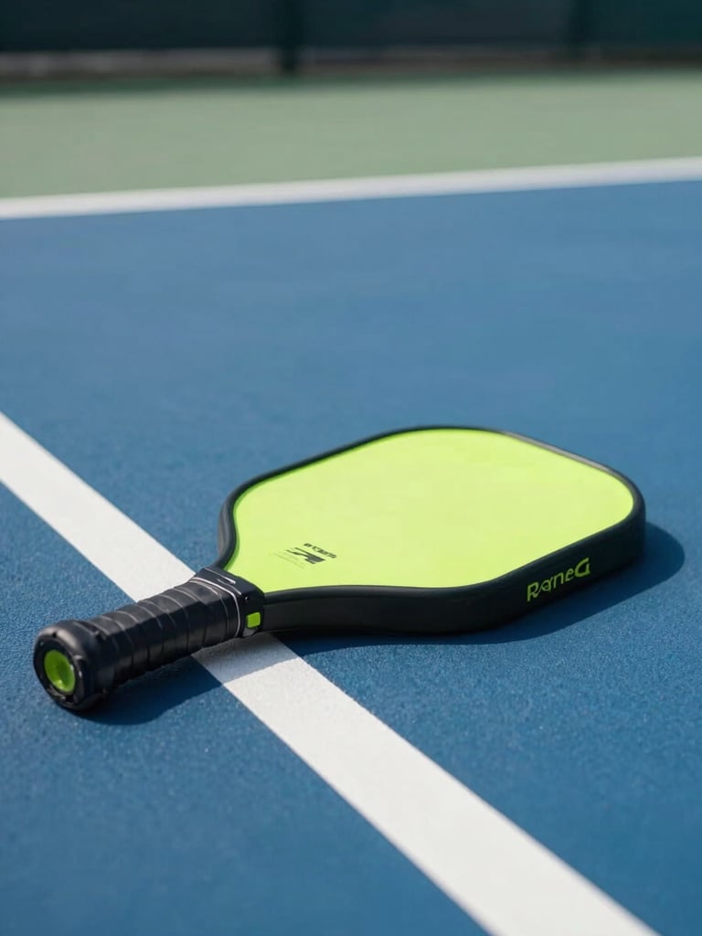 A close-up action crop of a neon green pickleball resting on a crisp blue court line, bright outdoor daylight