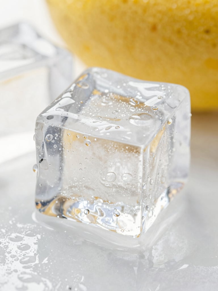 Macro close-up of a crystal-clear ice cube sweating with condensation droplets under high-key summer sunlight.
