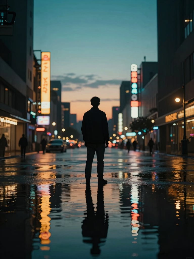 Full-bleed portrait of a game cover — a lone figure standing at the edge of a flooded city plaza at dusk, neon signage reflected in still water below, overhead framing tight on the silhouette, color palette of deep teal and burnt amber, cinematic stillness