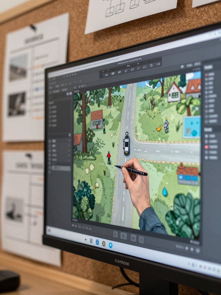 Close-up side view of a monitor screen showing a game level editor with hand-drawn concept art pinned beside it on a corkboard, overhead studio daylight, no person in frame, printed narrative flowchart visible at edge