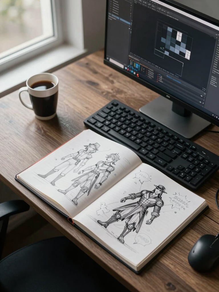 Overhead shot of a game developer's desk, top-down framing, sketchbooks open to character diagrams, a monitor showing a dark tileset mid-edit, mechanical keyboard and a cold coffee mug to the left, natural side-window daylight, no people visible