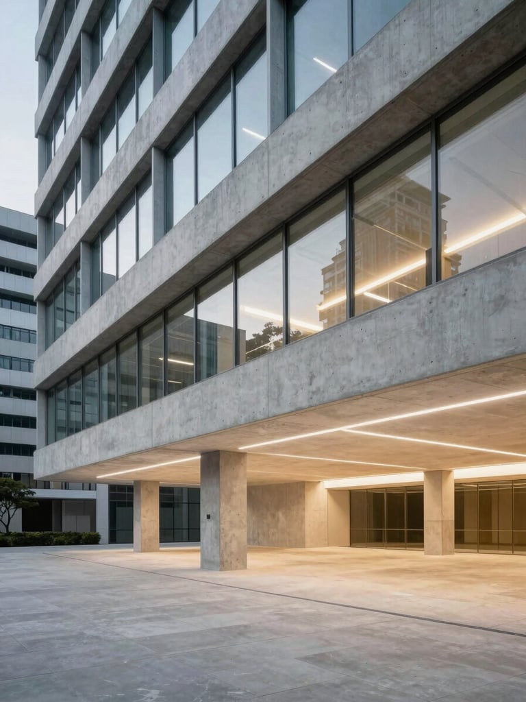 Planos fechados de detalhes de arquitetura corporativa moderna e vazia, linhas geométricas limpas em concreto e vidro, iluminação interna fria e profissional.