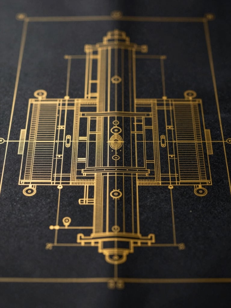 Extreme close-up of industrial blueprint with gold ink lines on dark parchment, symmetric technical layout, 35mm