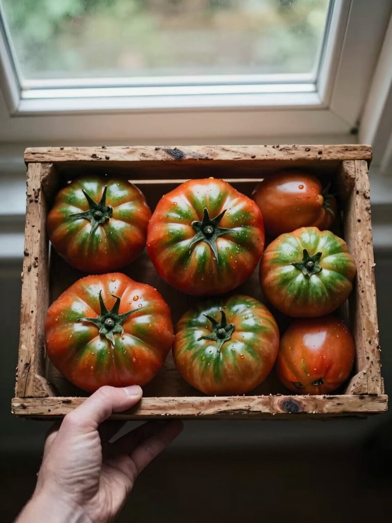 Overhead flat-lay of freshly harvested heirloom tomatoes, muddy hands holding a rustic wooden crate, soft morning window light, rich forest green tones, shallow depth of field, 35mm.