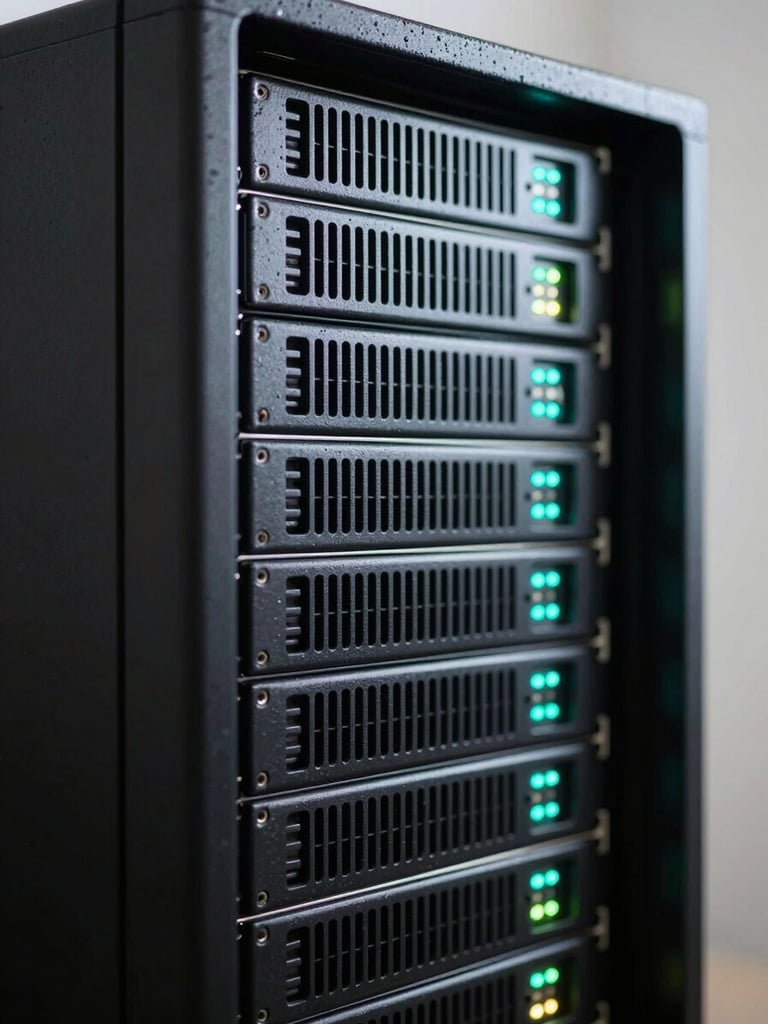 Close-up of a rack-mounted server unit shot from the right side, hard studio key-light raking across the front panel, illuminating ventilation slots and blinking status LEDs in cyan and green, deep shadow on the left edge, no text visible, tight horizontal framing with the chassis filling the frame