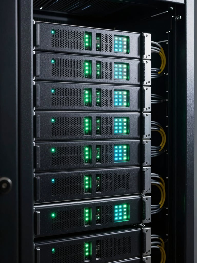 Close-up studio key-light shot of a server rack interior, multiple 1U servers with blinking green and cyan status LEDs, cable management visible on the right side, hard directional light casting sharp shadows across the server faces, dark background behind the rack, no text visible