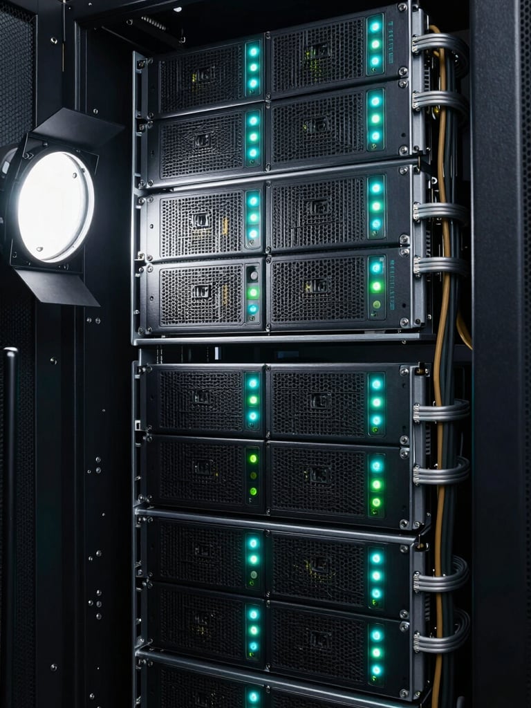 Close-up overhead framing of a dense server rack interior, multiple 1U servers stacked tight, hard studio key-light raking from the left casting deep shadows between units, status LEDs glowing cyan and green against near-black metal chassis, cables bundled with precision along the right rail, no text visible