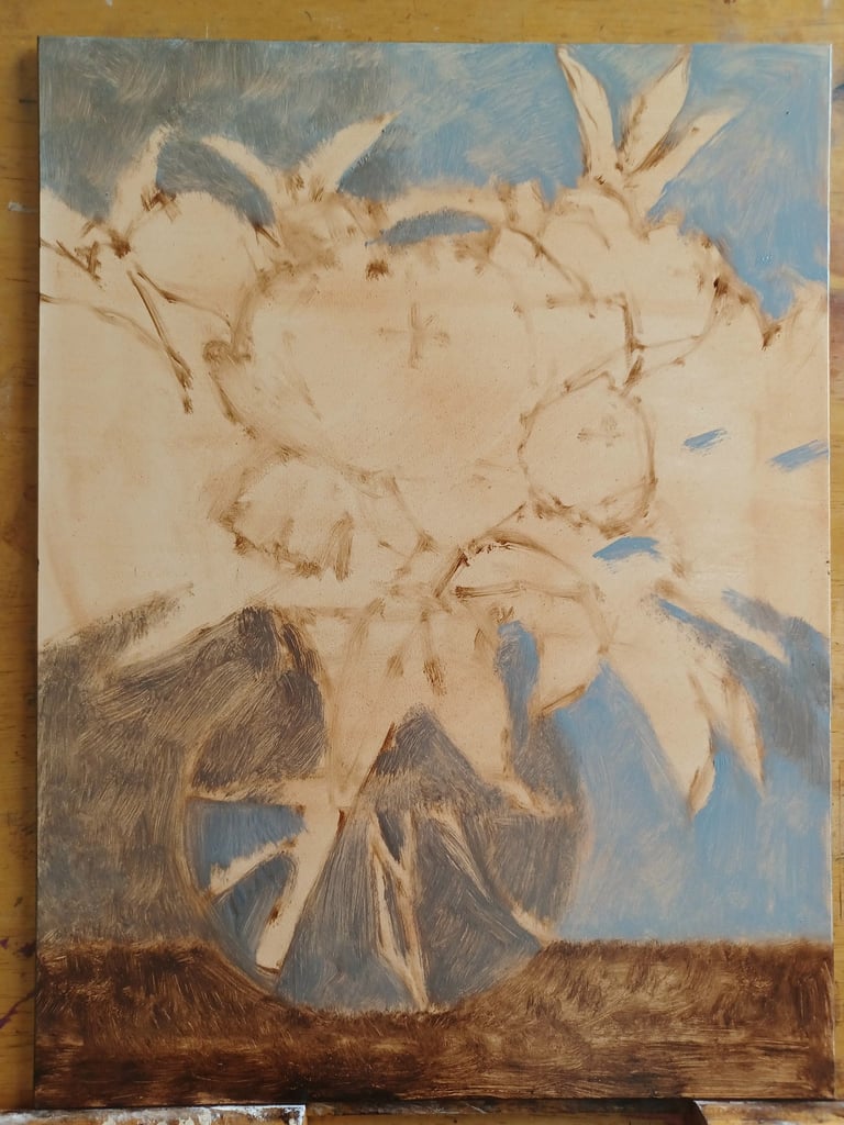 Underpainting for a floral still life on canvas with a blue background and sketched flowers.