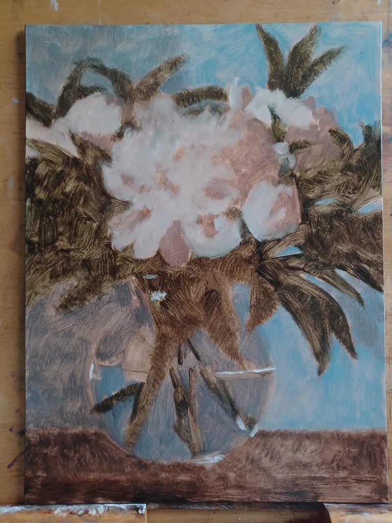 Impressionist oil painting of white peonies in a glass vase with a blue background.
