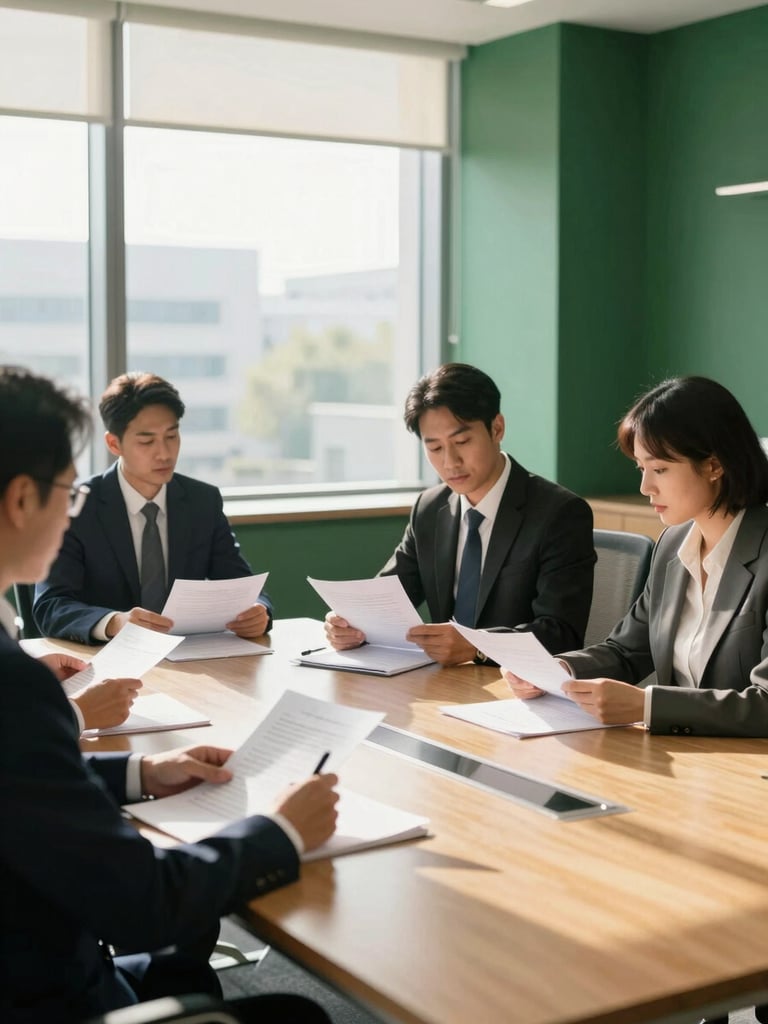 A bright, modern meeting room with legal professionals reviewing documents, soft natural sunlight coming through large windows, deep green accents, 35mm