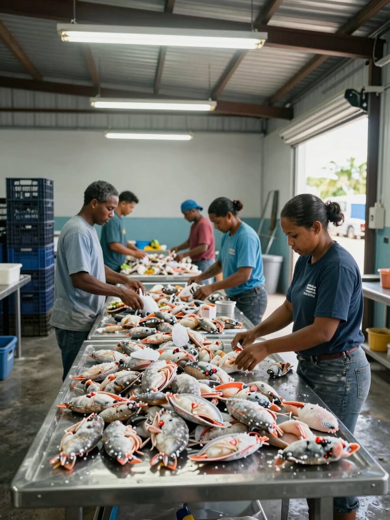 Wide shot of a Caribbean packhouse interior, workers in the background sorting and packing frozen seafood on stainless steel tables under cool overhead warehouse lighting, product crates stacked to the left, natural daylight entering from a loading bay door on the right