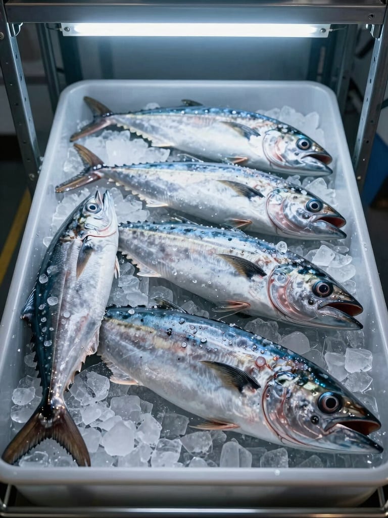 Close overhead shot of frozen mahi-mahi fillets arranged in a cold storage tray under cool fluorescent warehouse light, ice crystals visible on the flesh surface, industrial metal shelving in background