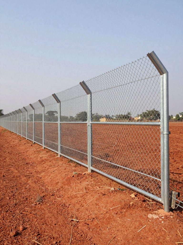 Wide-angle shot of a newly installed heavy-duty galvanized chain link fence running along a red soil farm boundary in Gujarat, bright midday sun