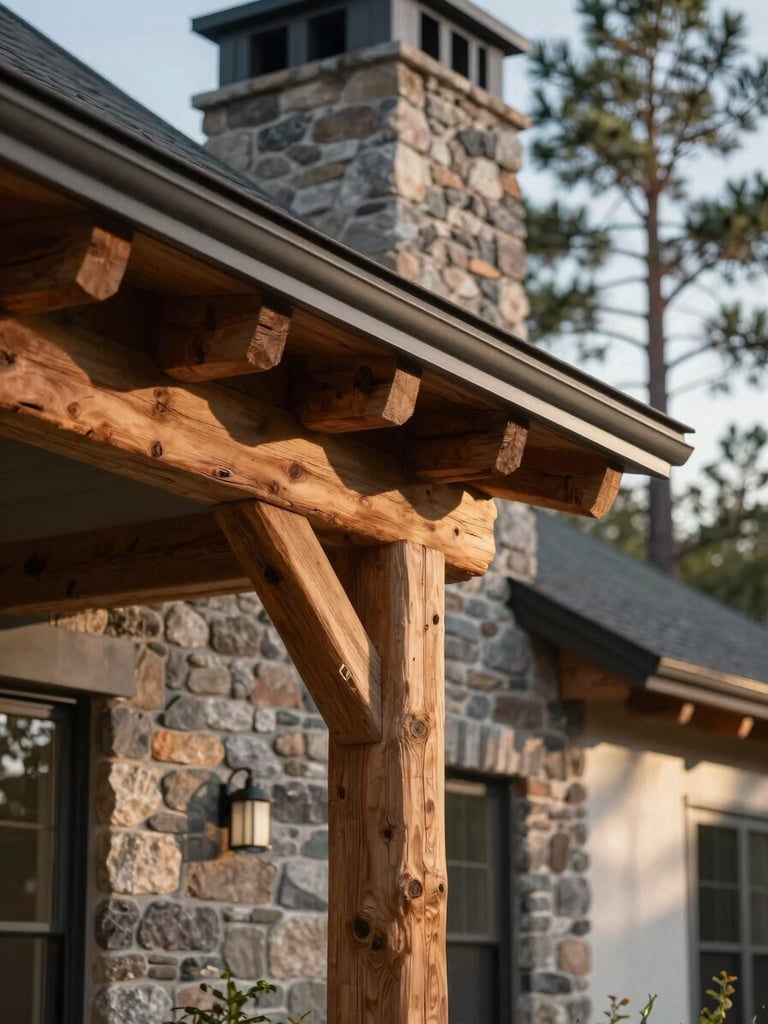 Close-up of a timber-frame exterior corner on a custom Grand County home, rough-sawn beam ends visible against a stone chimney, morning north light casting soft shadows, pine trees blurred in the background