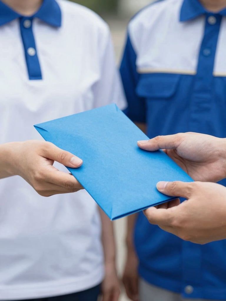Hands handing over a secure blue envelope to a courier wearing a professional uniform, bright daylight, close-up focus