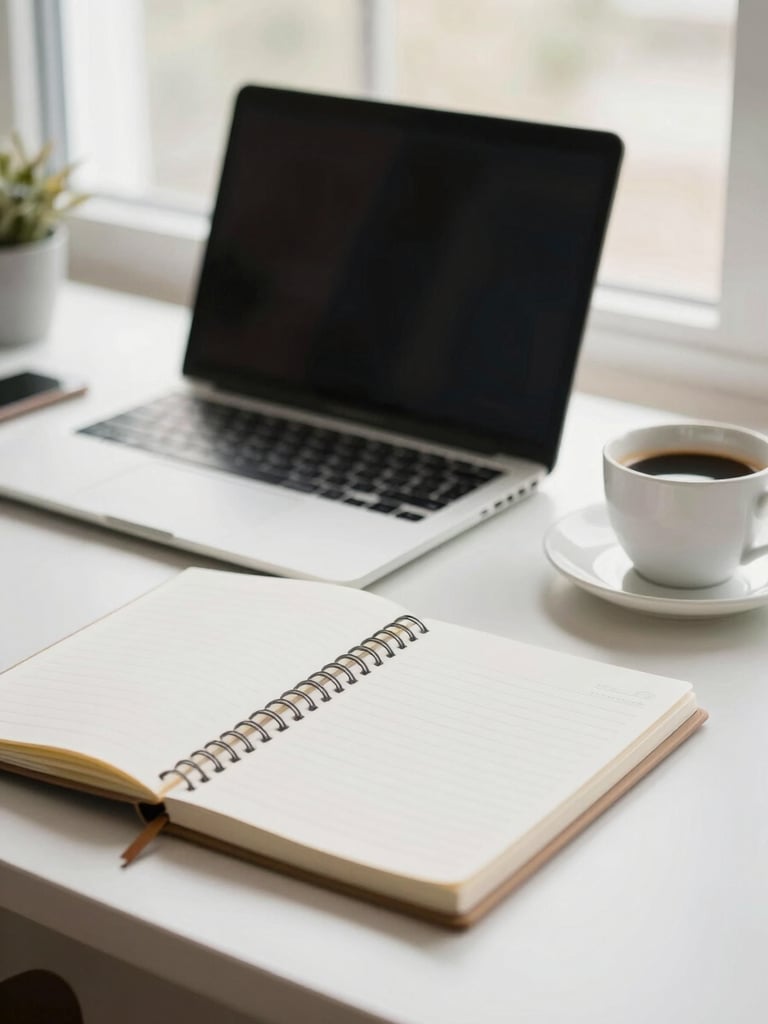 An organized workspace with a laptop, a professional notebook, and a cup of coffee, soft morning light filtering through a window, shallow depth of field