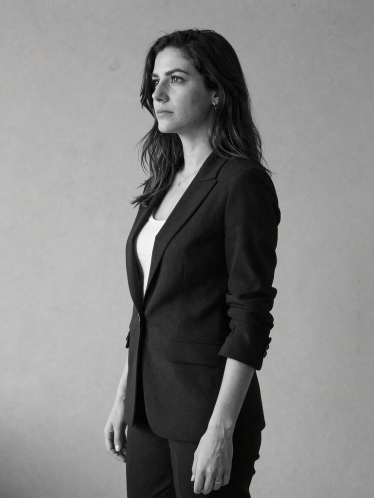 Retrato profesional en blanco y negro de una arquitecta en un estudio minimalista, iluminación natural suave de perfil, fondo de concreto limpio.