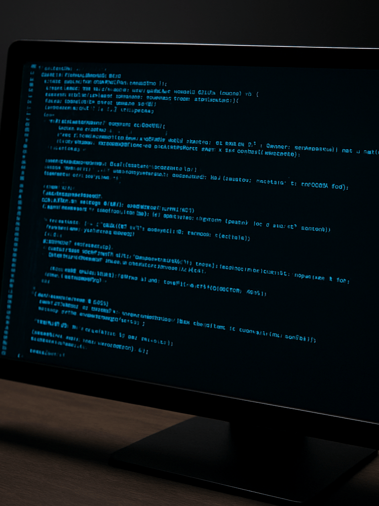 Close-up overhead shot of a dark monitor displaying dense code on a black terminal background, electric cyan syntax highlighting visible, clean desk surface edge at bottom, sharp studio lighting from above left