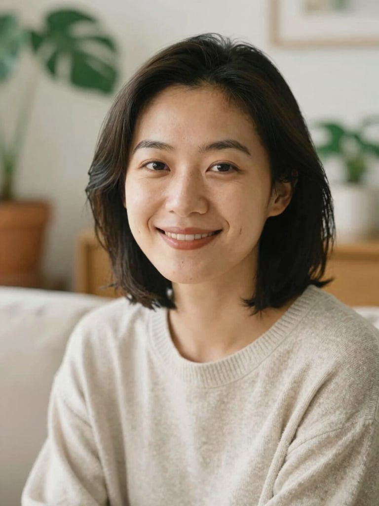 Close-up portrait of a warm, smiling woman with a kind expression, sitting in a cozy domestic space with plants in the background, soft natural lighting, organic tones